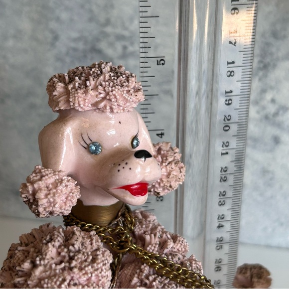 Vintage Pink Poodle Chained Puppy Spaghetti Trim Porcelain Figurines MCM Kitschy - Picture 8 of 15